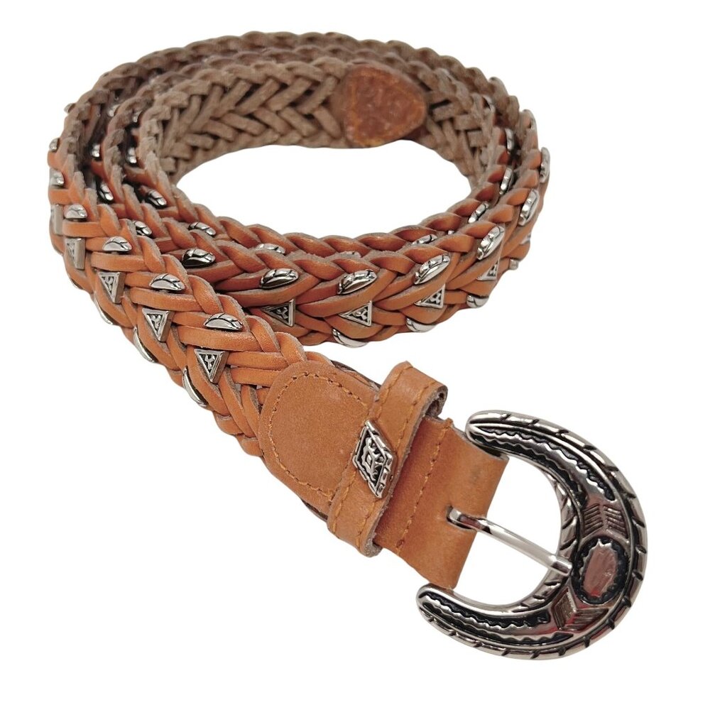 Vintage 1980's Unisex Omega Western Belt Size L Braided Leather Metal‎ Accents